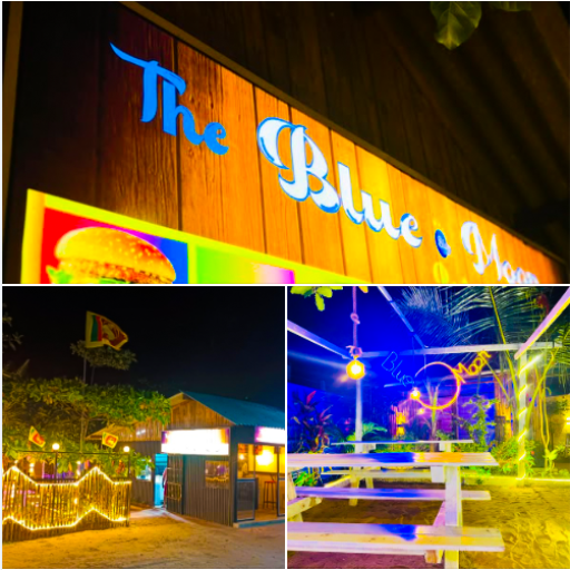 Diners enjoying a vibrant meal at The Blue Moon Restaurant, Sri Lanka, with colorful local cuisine on display. Exterior view of The Blue Moon Restaurant, showcasing its inviting tropical ambiance in Sri Lanka. Close-up of a traditional Sri Lankan dish served at The Blue Moon Restaurant, highlighting fresh ingredients.